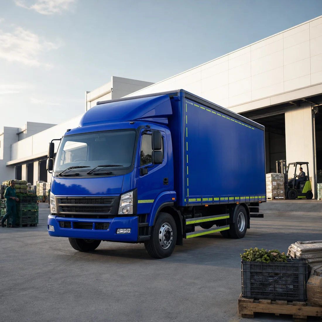 Blue transport truck at a logistics hub serving warehousing, distribution and agricultural freight