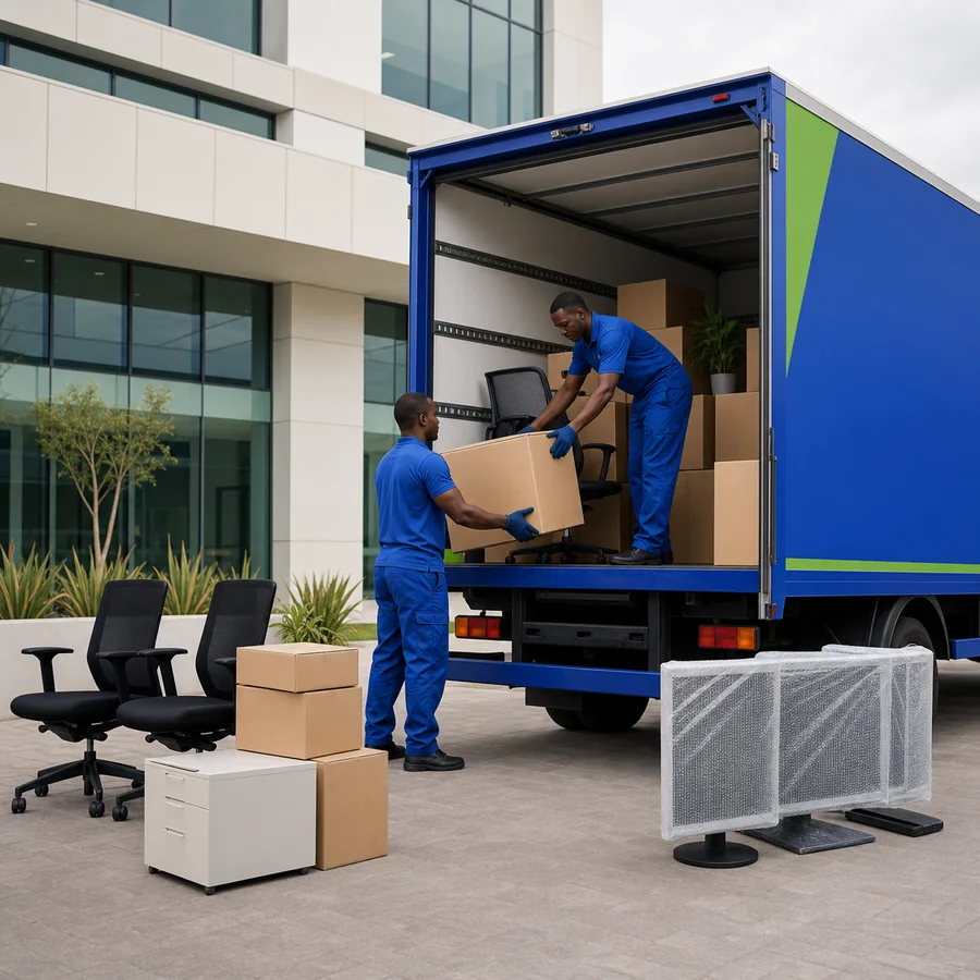 Office furniture and cartons being loaded into a blue business relocation truck