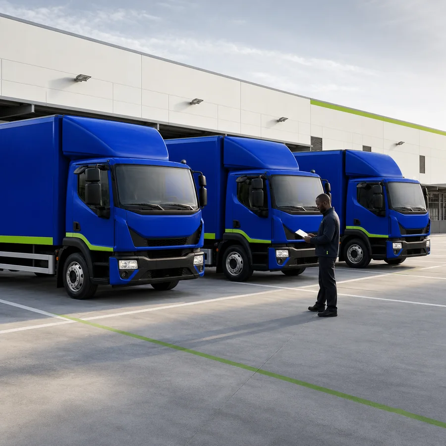 Coordinated fleet of blue trucks prepared for contract transport service