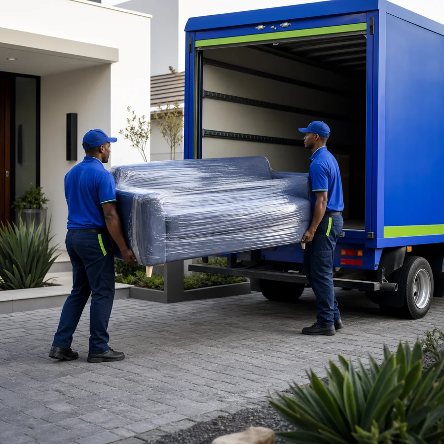 Professional movers loading a protected sofa into a blue removal truck