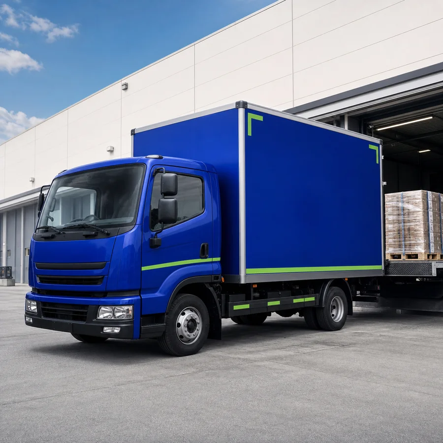 Blue transport truck collecting palletised freight at a warehouse